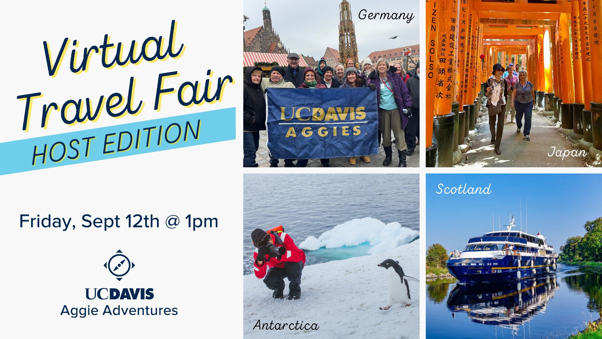 Banner image promoting a virtual travel event with 4 pictures of 4 international locations