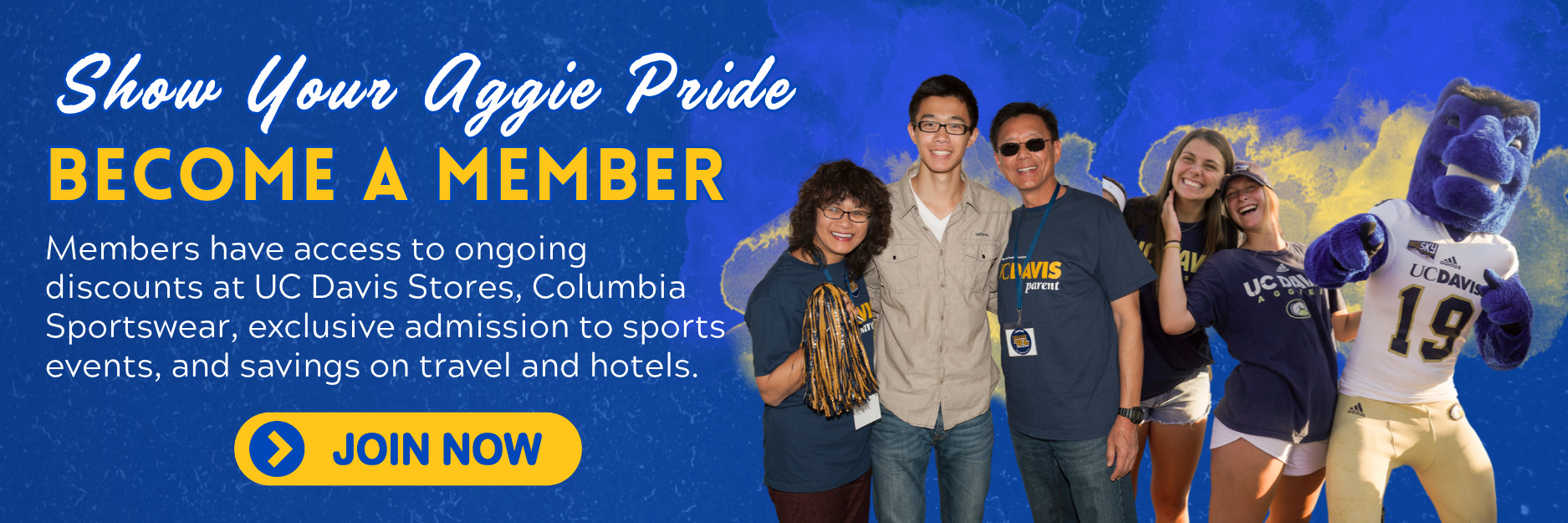 Banner: diverse young adults and football player on blue background with Become a Member CTA
