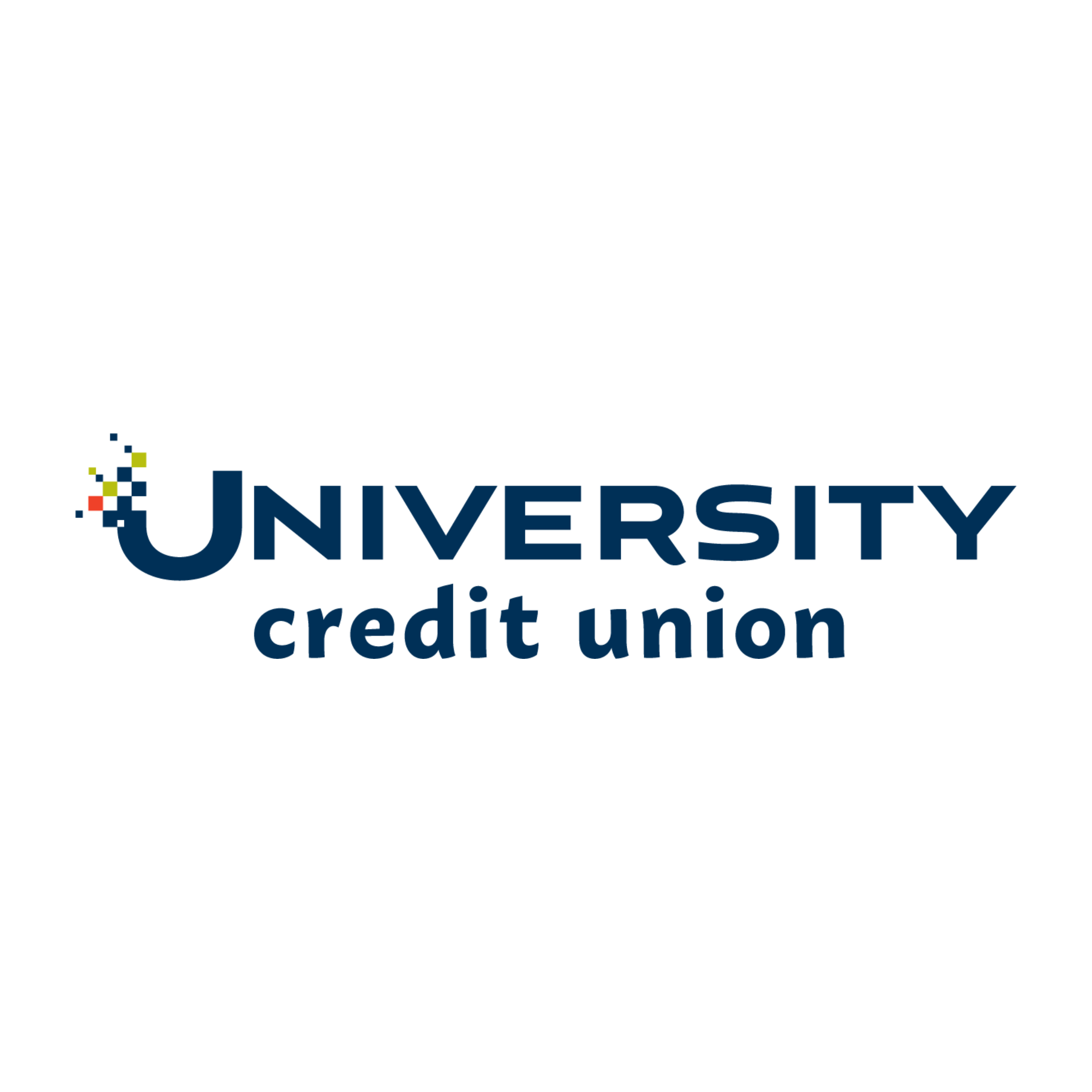 University Credit Union logo with pixelated blue "U" and navy text