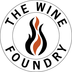 The Wine Foundry logo - stylized black and orange flame inside circular black text