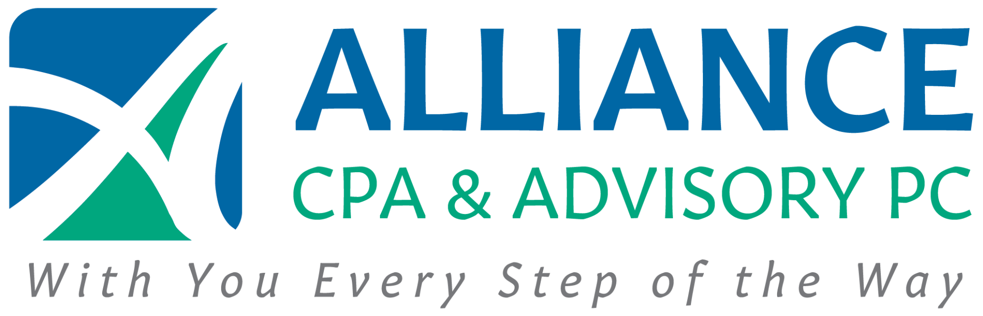 Alliance CPA &amp; Advisory PC logo with blue and green stylized X