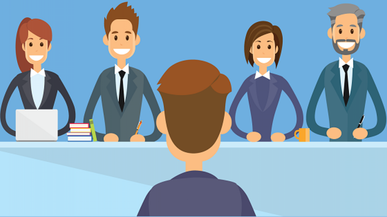 An illustration of four people sitting at at table with one person facing them.