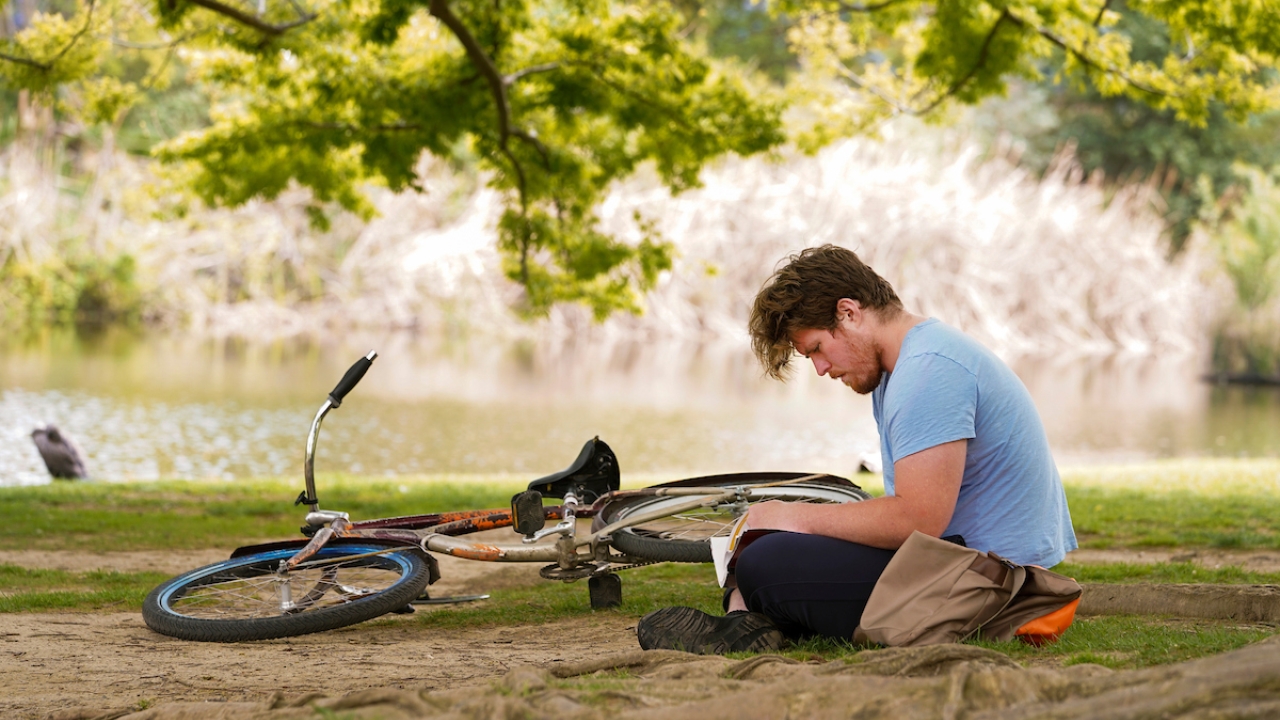 a student studies under a blooming tree in the arboretum next to their bike