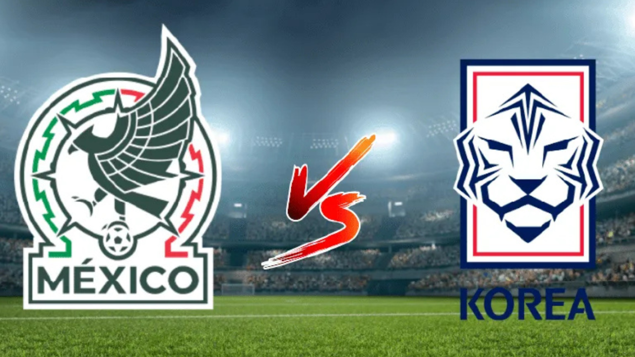 Mexico and Korea soccer team logos with VS graphic over illuminated stadium field