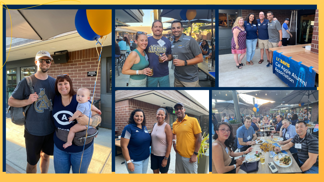 Collage of 5 images from 2023 event. All images include guests wearing UCD gear smiling at the camera.