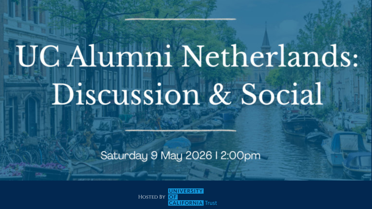 Banner graphic: UC Alumni Netherlands - Discussion &amp; Social over outdoor café
