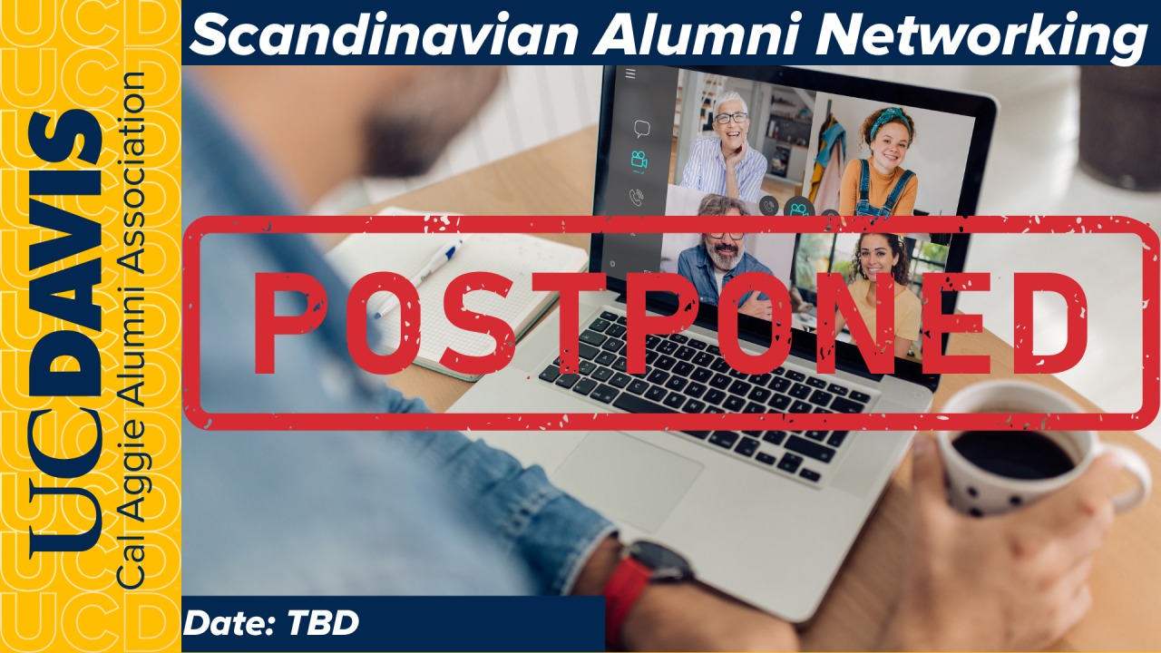 Scandinavian Alumni Virtual Networking Postponed marketing image with the new TBD placeholder date.