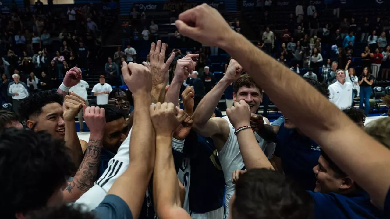 Men's basketball team in a huddle