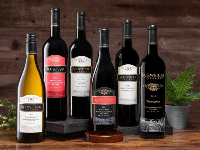 Six wine bottles (one white, five red) on wooden table with small potted fern