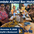 Photo of Lambda Alumni at a bar with the text "Lambda Alumni Sac Holiday Social, Friday, December 5th, Radclyffe's Restaurant"