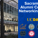 Glass building with blue alumni networking banner and multiple university logos