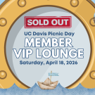 Circular frame with nautical elements; text indicates sold-out VIP lounge event at UC Davis.