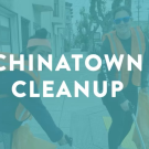 Two women with trash bags and grabbers with super imposed script "Chinatown Cleanup"