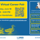 Text reads: Summer Virtual Career Fair, Wednesday, June 18, 11:00 AM - 3:00 PM, Virtual on Handshake. All events are virtual on Handshake ucdavis.joinhandshake.com, careercenter.ucdavis.edu, UC Davis Career Center, @UCDavisCareerCenter